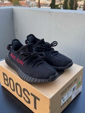 Yeezy Boost 350 V2 Black with Red Stripe Text